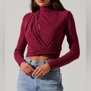 Asymmetrical Pleated Cutout Mock Neck Top wine color
